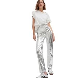 GAP High-Rise Vegan Leather Cheeky Straight Pants Silver Metallic Size 30 NEW